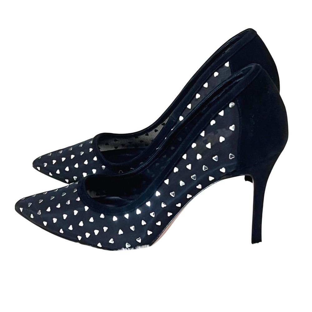 L AGENCE Black Mesh Heart Stud Pointed Toe Stiletto Pumps‎ Sexy Date Night 7.5